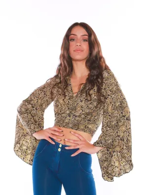 Long sleeve Wrap top - Freesize- black gold
