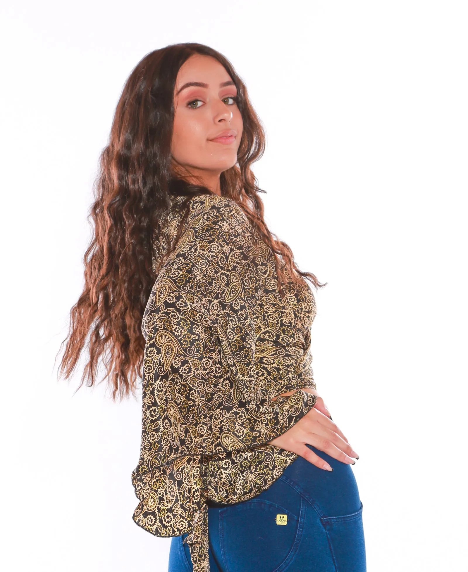 Long sleeve Wrap top - Freesize- black gold