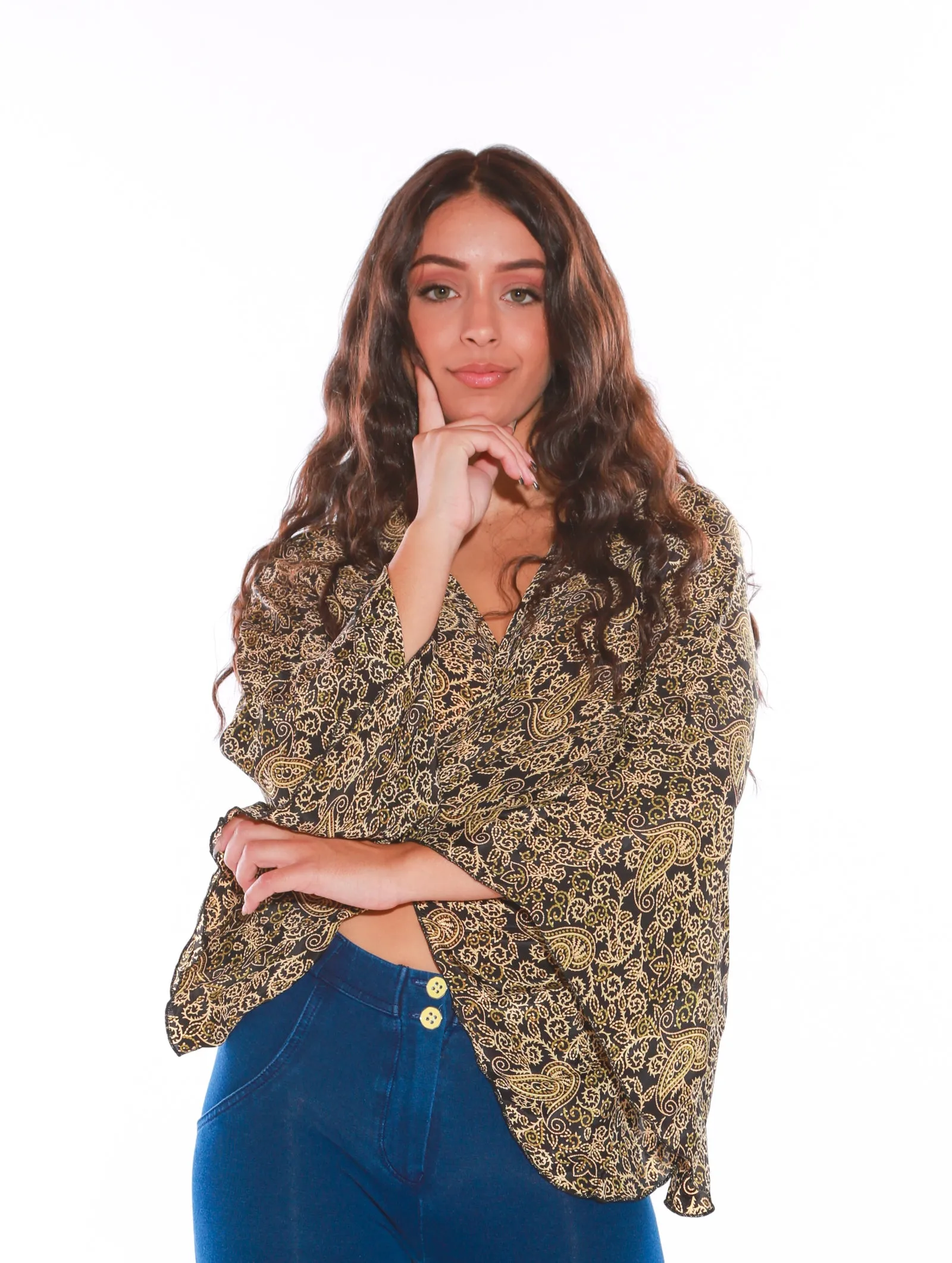 Long sleeve Wrap top - Freesize- black gold