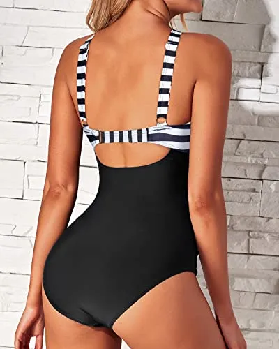 Long Torso One Piece Front Cross Keyhole Swimsuits-Black And White Stripe