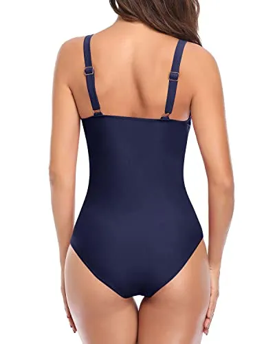 Long Torso Slimming Contouring Sculpting One Piece Swimsuits-Navy Blue