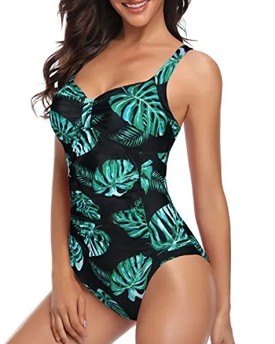 Long Torso Slimming Shaping Tummy Control One Piece Swimsuits-Black And Green Leaf
