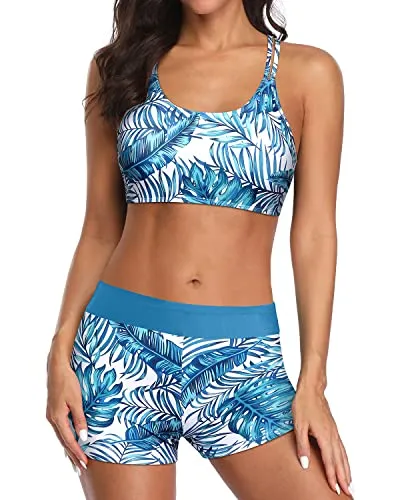 Long Torso Tankini Swimsuit Set With Sports Bra For Women-Blue Leaf