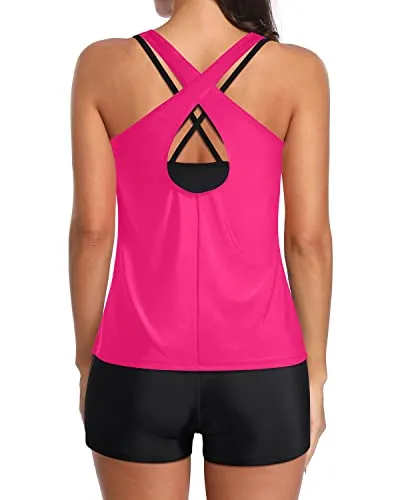 Long Torso Tankini Swimsuit With Swim Boy Shorts For Women-Neon Pink