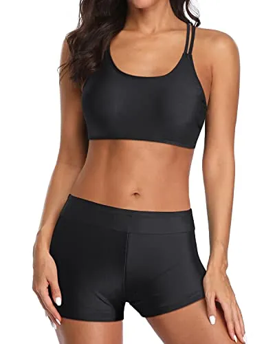 Long Torso Tankini Swimsuit With Swim Boy Shorts For Women-Neon Pink