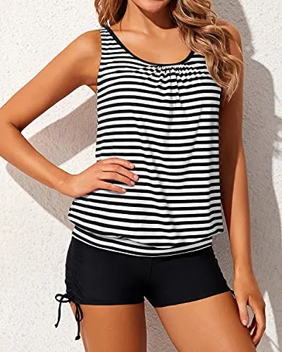 Loose Fit 2 Piece Bathing Suits Blouson Tankini Tops And Boyshorts-Black And White Stripe