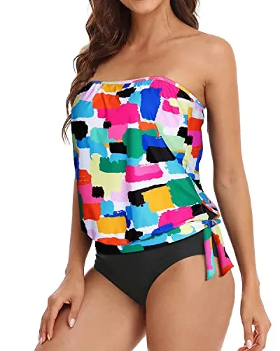 Loose Fit Bandeau Tankini Swimwear For Women-Aqua