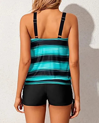 Loose Fit Blouson Tankini Swimwear For Women Adjustable Straps-Green Stripe