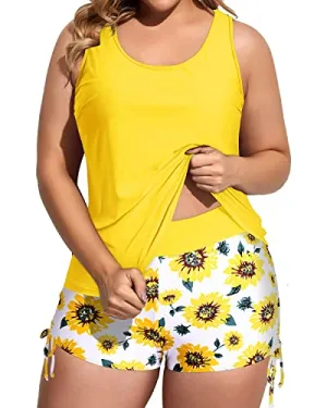 Loose Fit Plus Size 3 Piece Bathing Suit With Bikini Top And Boy Shorts-Yellow And Sunflower