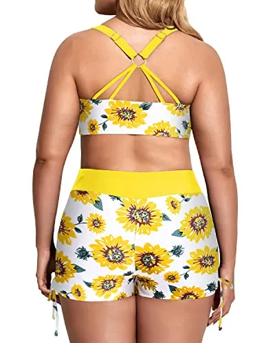 Loose Fit Plus Size 3 Piece Bathing Suit With Bikini Top And Boy Shorts-Yellow And Sunflower