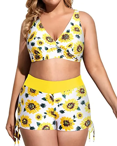 Loose Fit Plus Size 3 Piece Bathing Suit With Bikini Top And Boy Shorts-Yellow And Sunflower