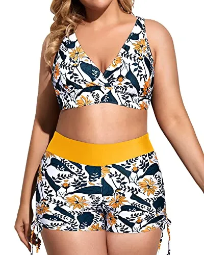 Loose Fit Plus Size 3 Piece Swimsuit With Sports Bra And Boy Shorts-Yellow Floral