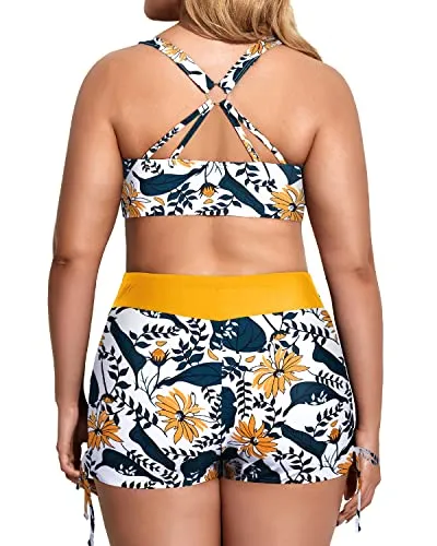 Loose Fit Plus Size 3 Piece Swimsuit With Sports Bra And Boy Shorts-Yellow Floral