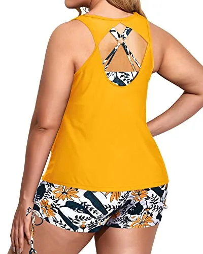 Loose Fit Plus Size 3 Piece Swimsuit With Sports Bra And Boy Shorts-Yellow Floral
