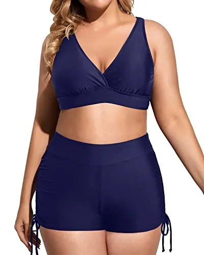 Loose Fit Plus Size 3 Piece Tankini Swimsuits With Tummy Control-Blue And White Stripes