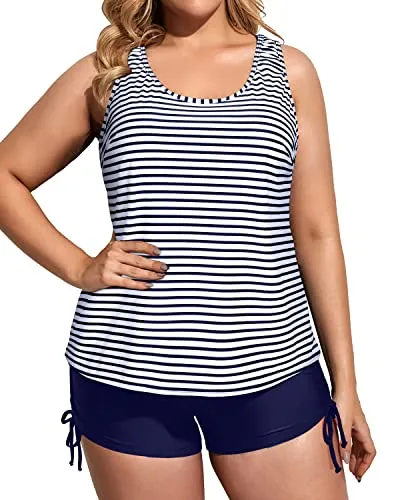 Loose Fit Plus Size 3 Piece Tankini Swimsuits With Tummy Control-Blue And White Stripes