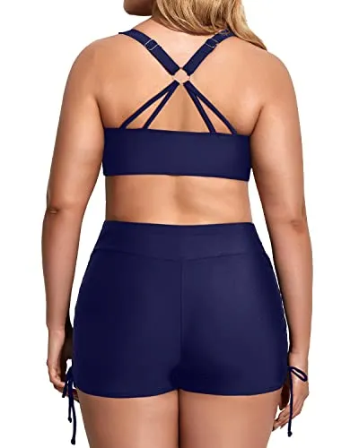 Loose Fit Plus Size 3 Piece Tankini Swimsuits With Tummy Control-Blue And White Stripes