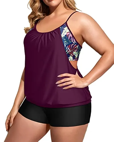 Loose Fit Tankini Top With Boy Shorts For Curvy Women-Wine Red Leaves