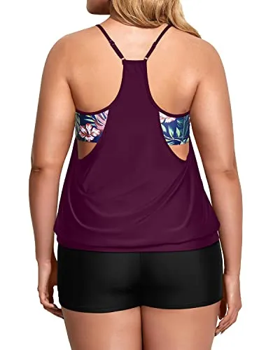 Loose Fit Tankini Top With Boy Shorts For Curvy Women-Wine Red Leaves