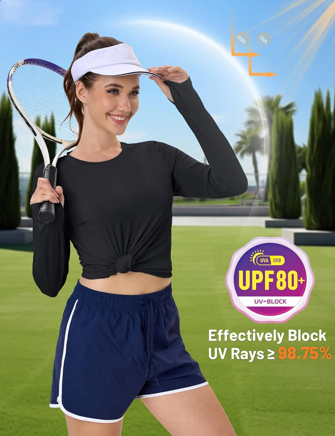 MAGCOMSEN Women’s Long Sleeve Shirts UPF 80  Quick Dry Athletic Workout Tee Shirts with Thumb Holes Rash Guard Swim Tops
