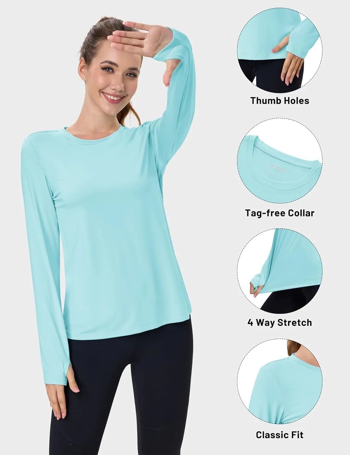 MAGCOMSEN Women’s Long Sleeve Shirts UPF 80  Quick Dry Athletic Workout Tee Shirts with Thumb Holes Rash Guard Swim Tops