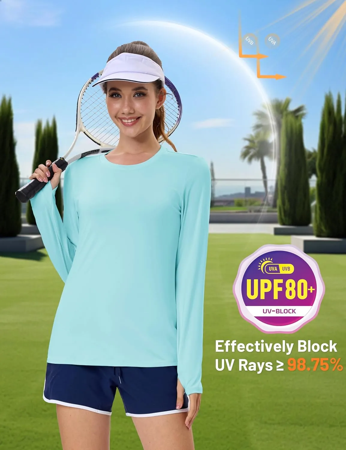 MAGCOMSEN Women’s Long Sleeve Shirts UPF 80  Quick Dry Athletic Workout Tee Shirts with Thumb Holes Rash Guard Swim Tops
