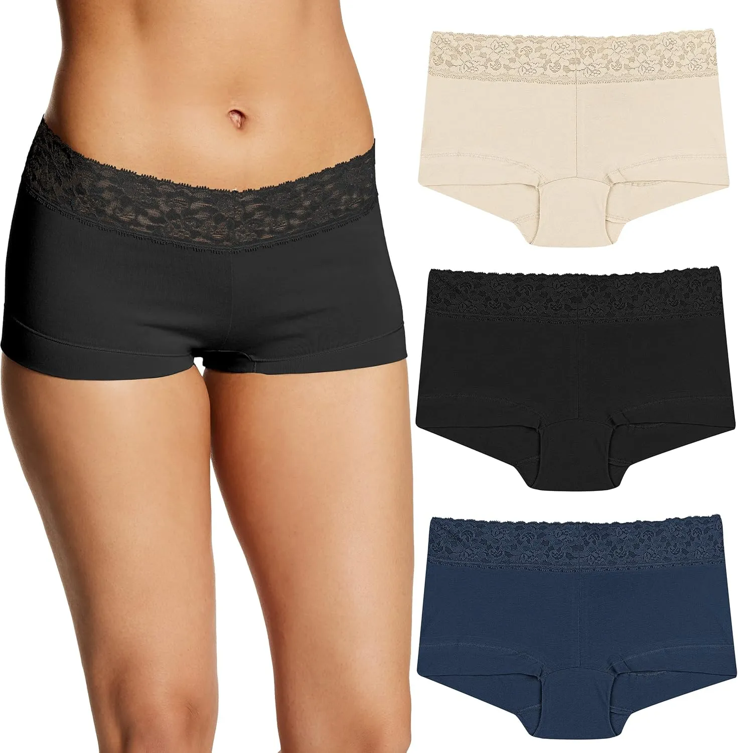 Maidenform Women's Boyshort Underwear, Stretch Cotton Boyshort Panties for Women, Assorted, 3-pack