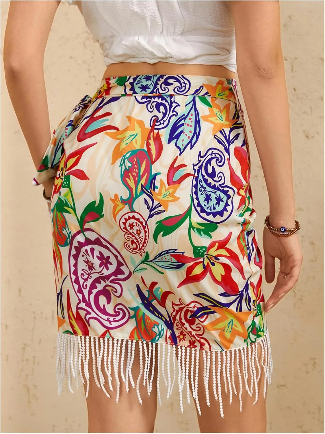 MakeMeChic Women's Floral Tie Side Wrap Tassel Mini Skirt Cover Up Beach Skirt