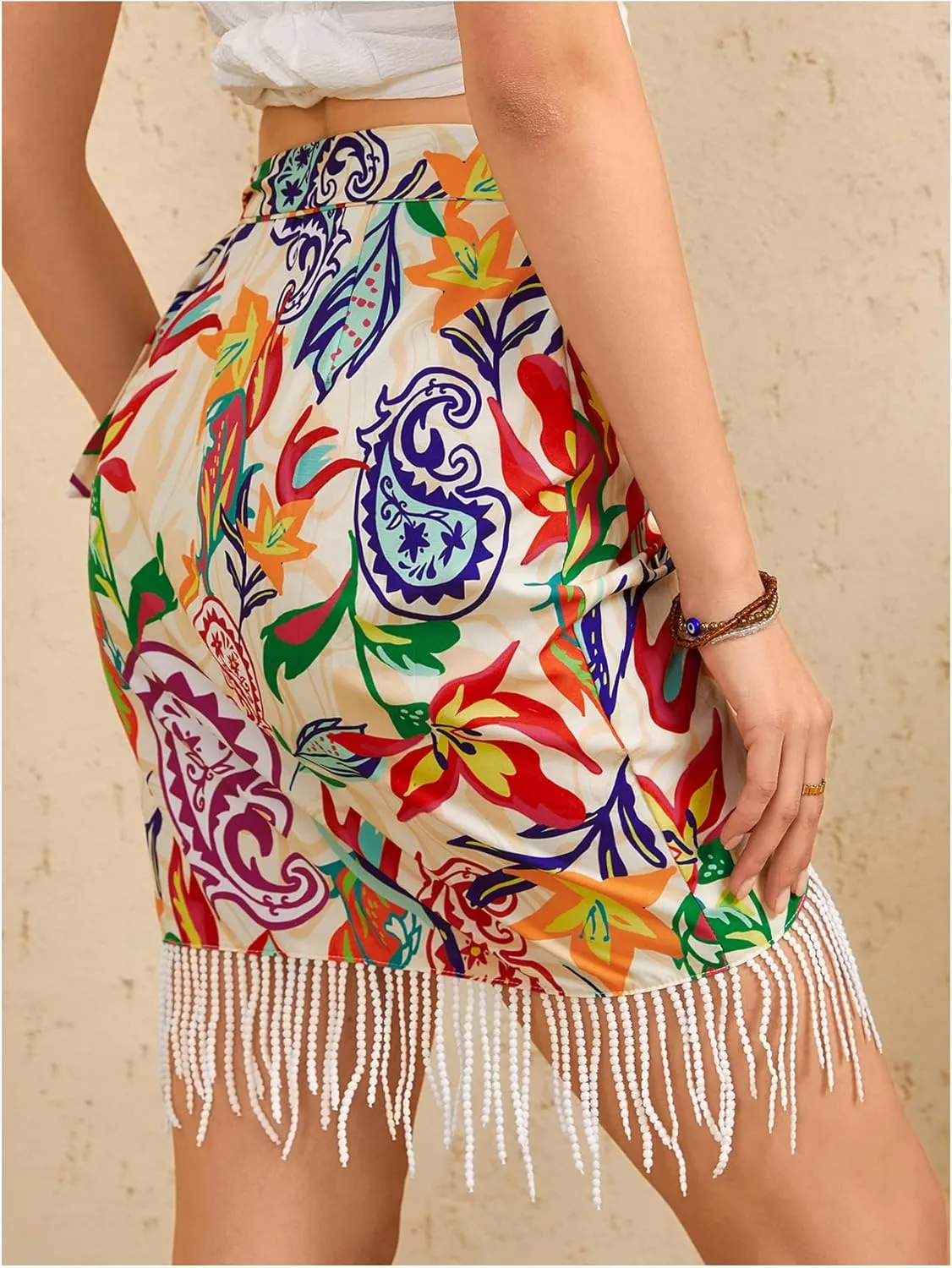 MakeMeChic Women's Floral Tie Side Wrap Tassel Mini Skirt Cover Up Beach Skirt