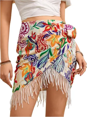 MakeMeChic Women's Floral Tie Side Wrap Tassel Mini Skirt Cover Up Beach Skirt