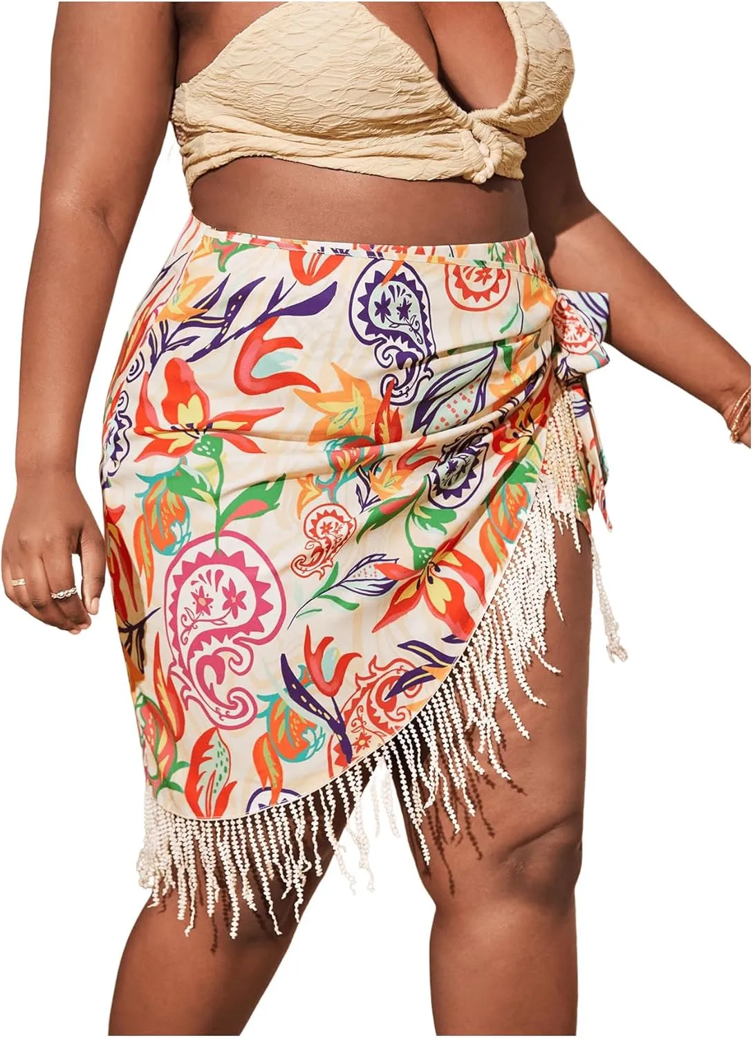 MakeMeChic Women's Floral Tie Side Wrap Tassel Mini Skirt Cover Up Beach Skirt