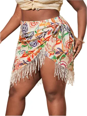 MakeMeChic Women's Floral Tie Side Wrap Tassel Mini Skirt Cover Up Beach Skirt