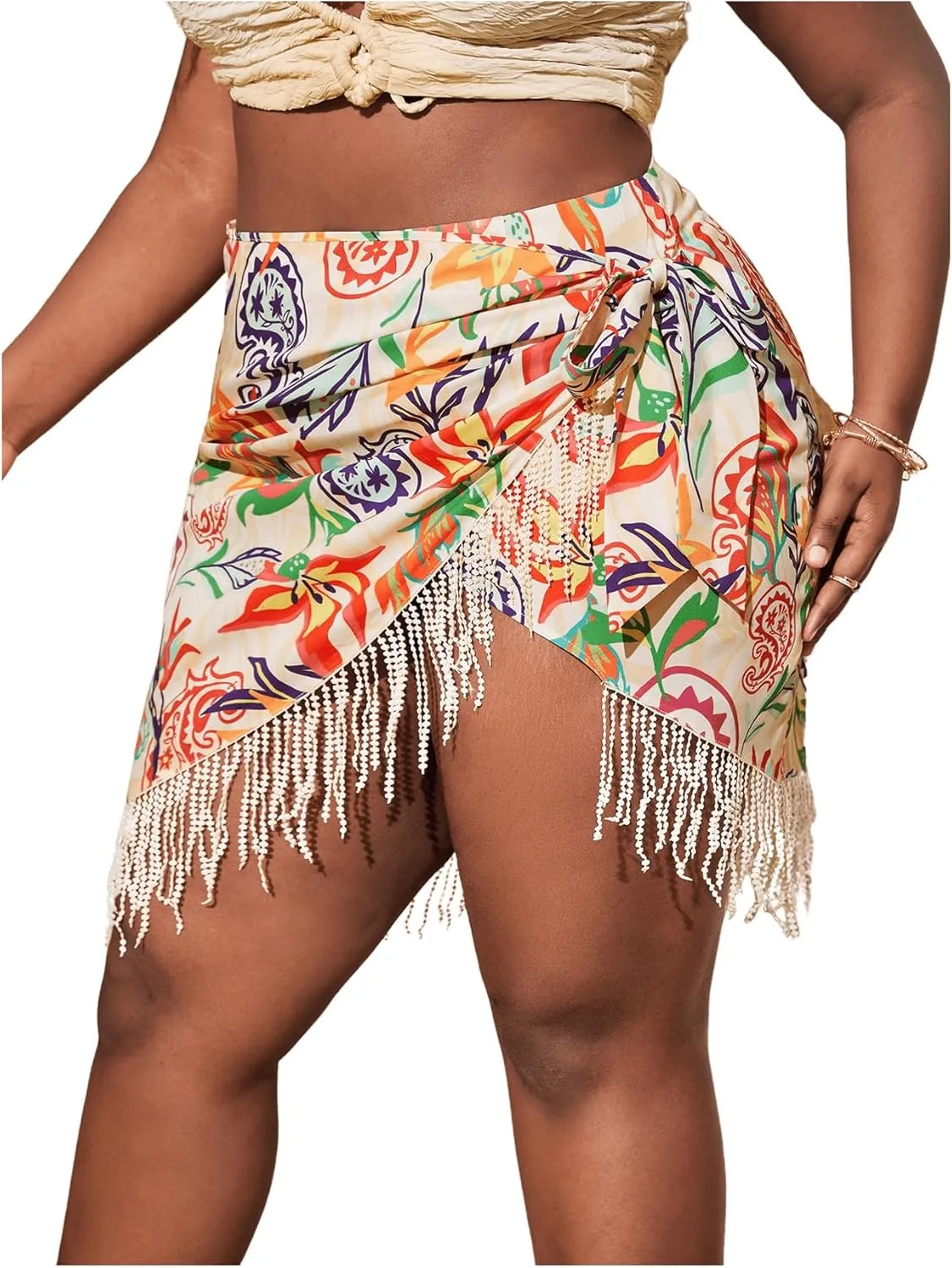 MakeMeChic Women's Floral Tie Side Wrap Tassel Mini Skirt Cover Up Beach Skirt