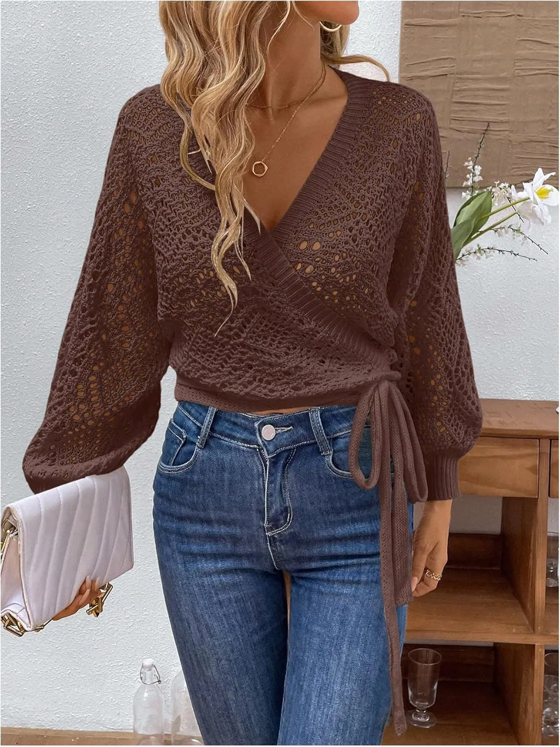 MakeMeChic Women's Pointelle Lantern Sleeve V Neck Wrap Tie Side Cardigan Sweater Crop Knitwear