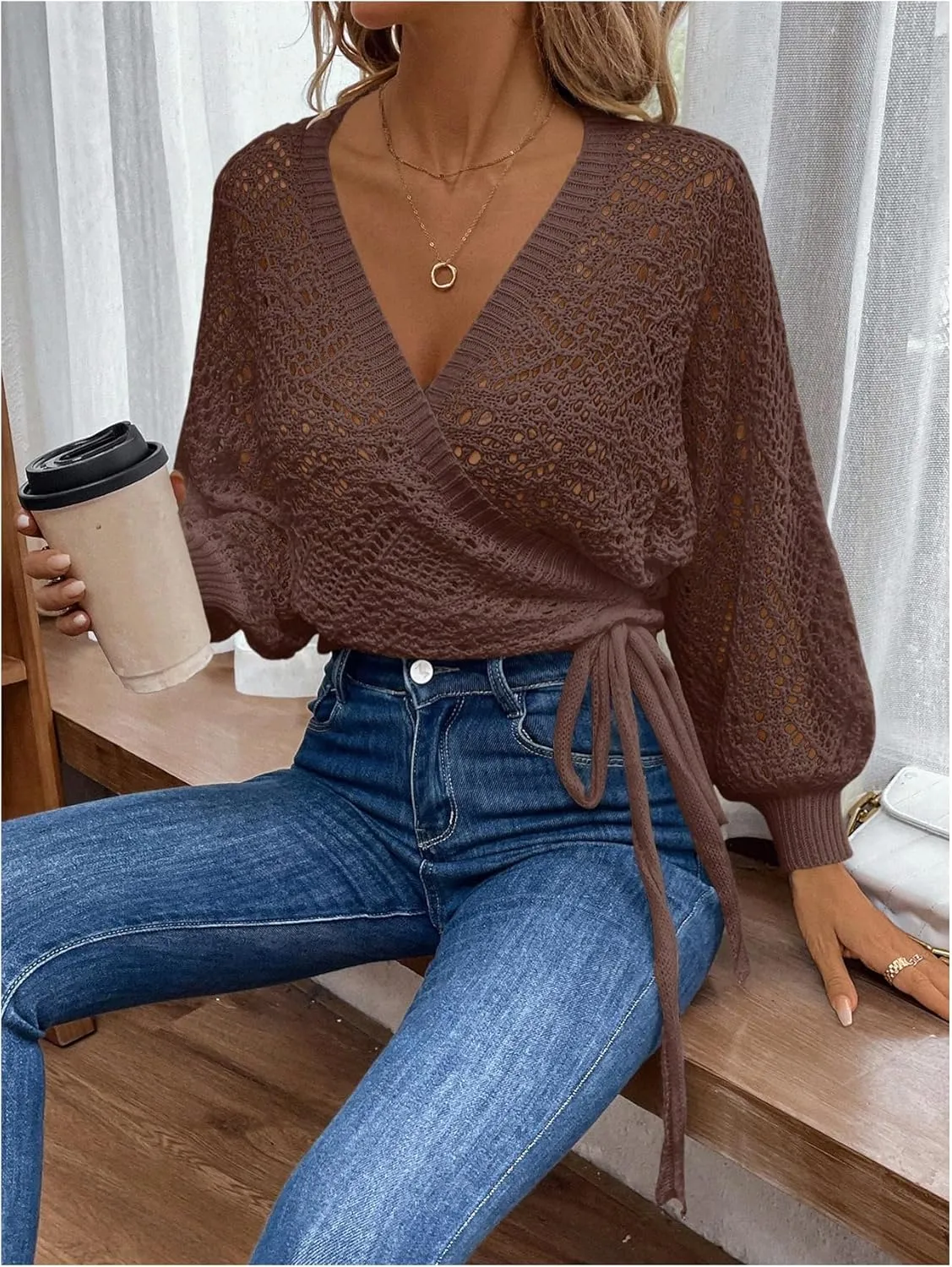MakeMeChic Women's Pointelle Lantern Sleeve V Neck Wrap Tie Side Cardigan Sweater Crop Knitwear