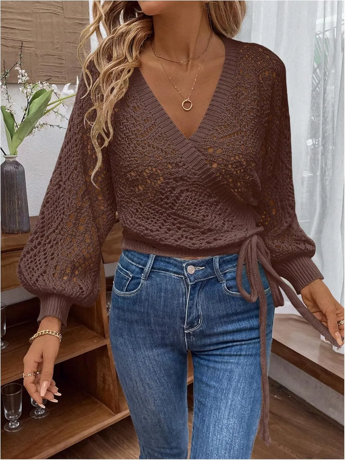 MakeMeChic Women's Pointelle Lantern Sleeve V Neck Wrap Tie Side Cardigan Sweater Crop Knitwear