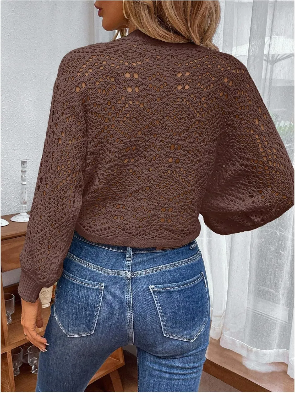 MakeMeChic Women's Pointelle Lantern Sleeve V Neck Wrap Tie Side Cardigan Sweater Crop Knitwear