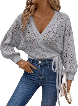 MakeMeChic Women's Pointelle Lantern Sleeve V Neck Wrap Tie Side Cardigan Sweater Crop Knitwear