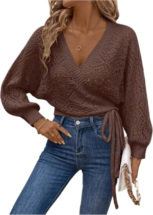 MakeMeChic Women's Pointelle Lantern Sleeve V Neck Wrap Tie Side Cardigan Sweater Crop Knitwear