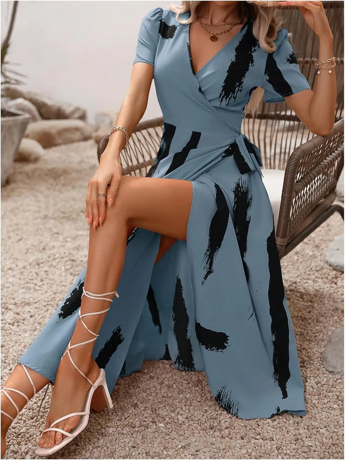 MakeMeChic Women's Printed V Neck Wrap Dress Split Tie Side Flowy Midi Dress