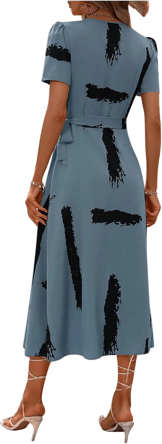 MakeMeChic Women's Printed V Neck Wrap Dress Split Tie Side Flowy Midi Dress