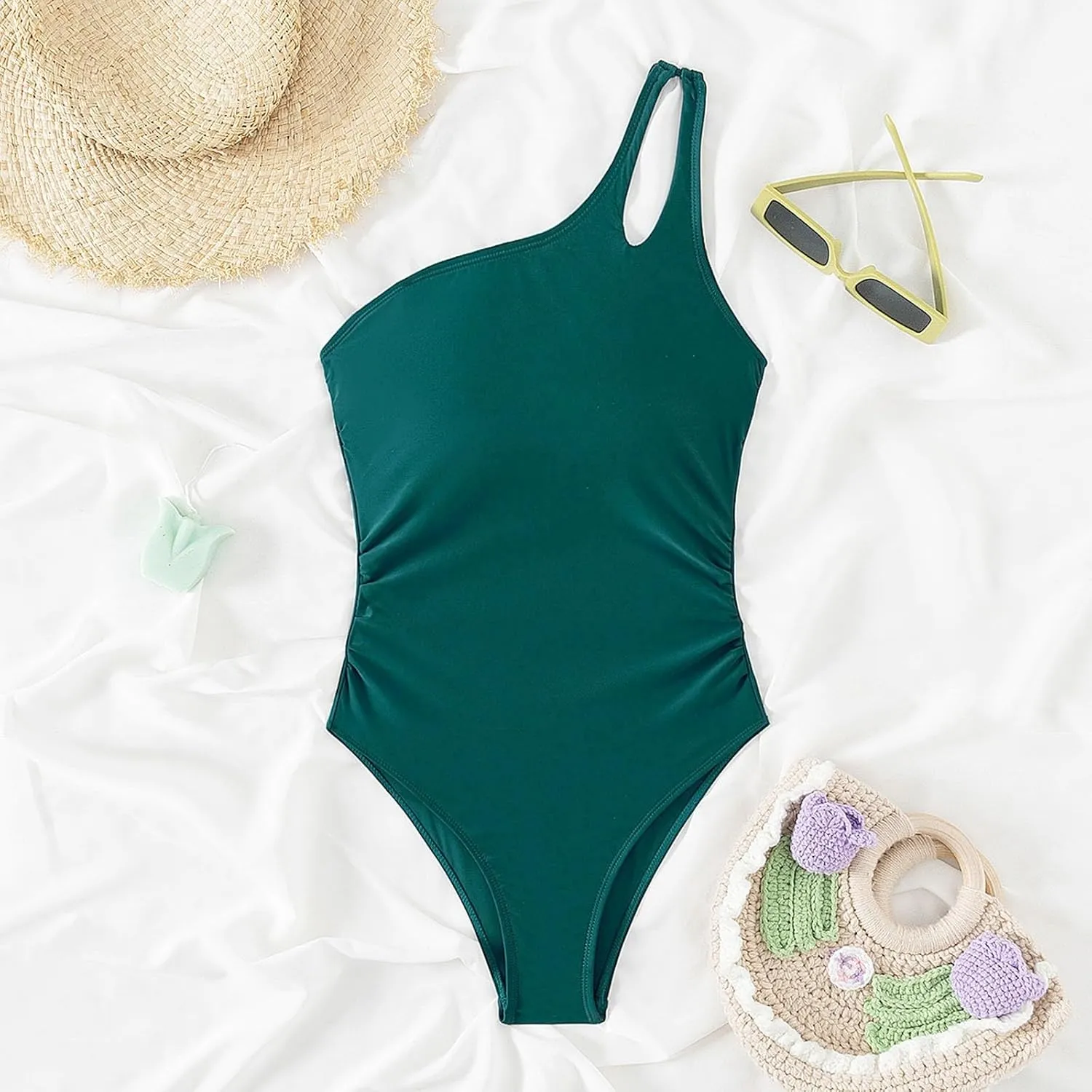 Masbird Swim Suits for Women 2025 One Shoulder One Piece Tummy Control Bathing Suits Modest Full Coverage Keyhole Swimwear