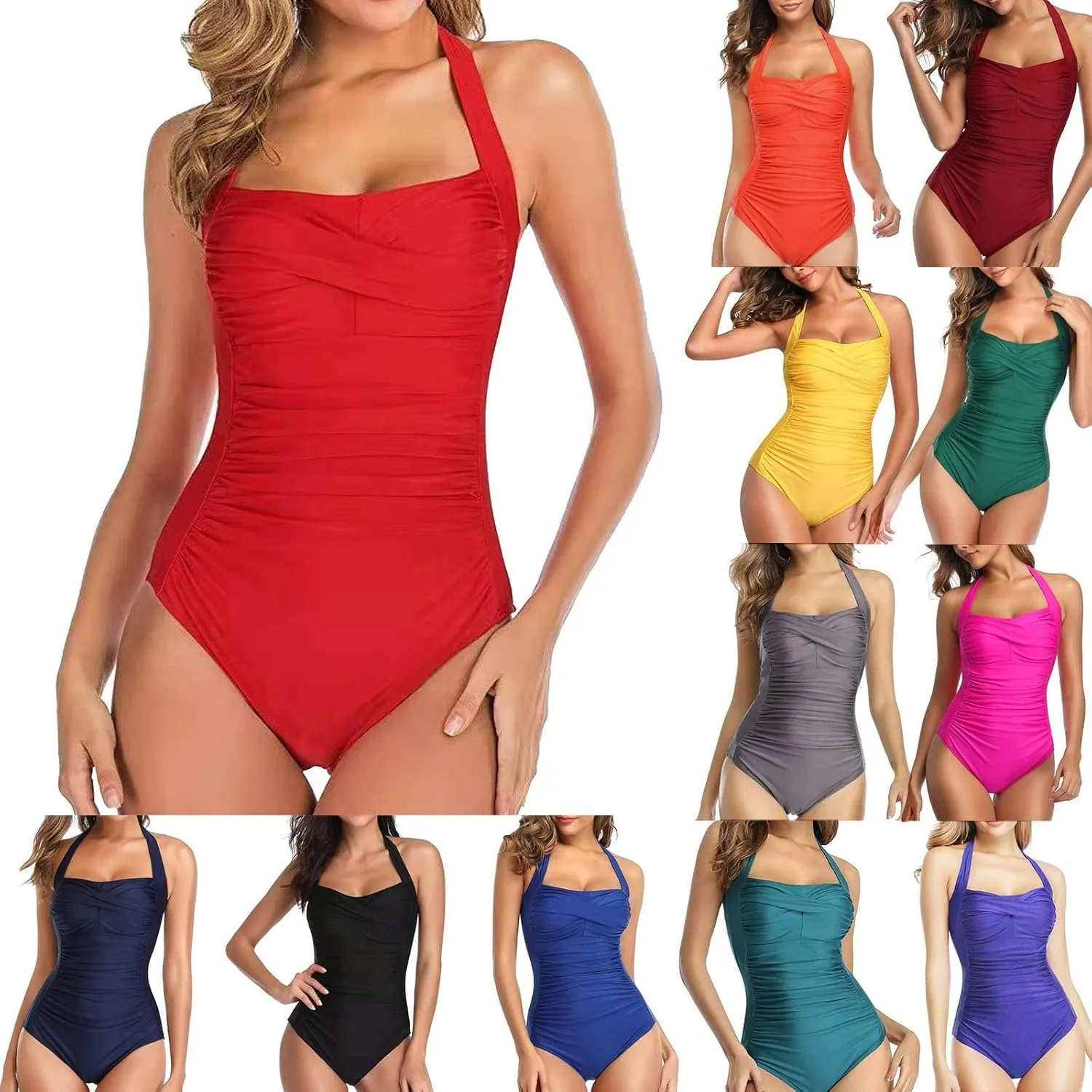 Masbird Swim Suits for Women 2025 Tummy Control Halter One Piece Slimming Vintage Retro Swimsuit Ruched Push Up Bathing Suit