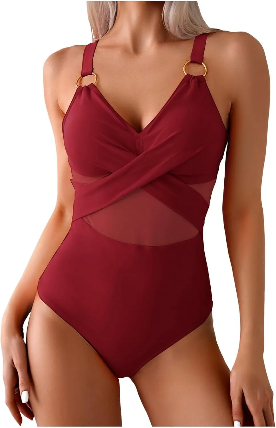 Masbird Womens One Piece Swimsuit Metal Modest Tummy Control Bathing Suit Slimming Full Coverage Mesh Swim Suits for Women
