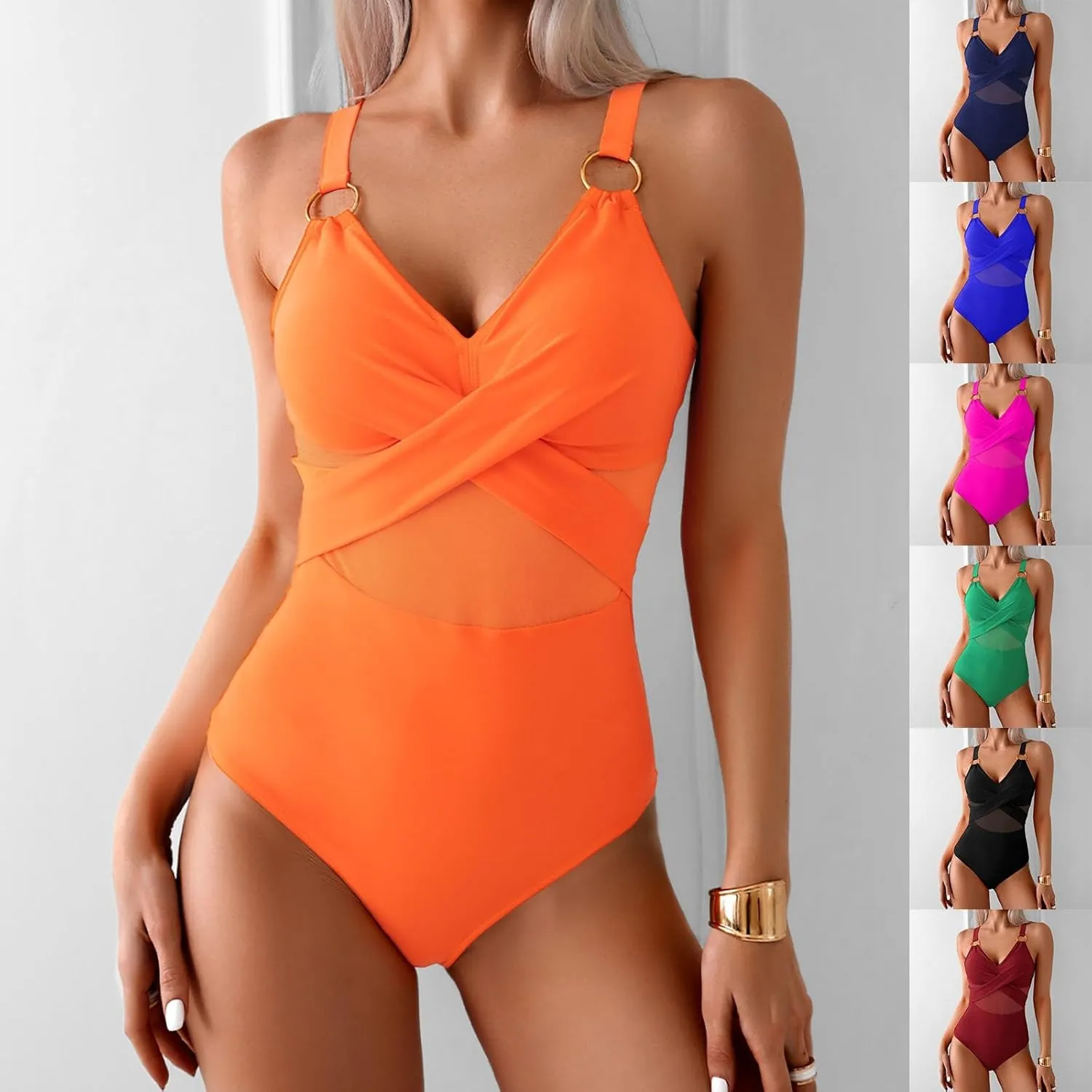 Masbird Womens One Piece Swimsuit Metal Modest Tummy Control Bathing Suit Slimming Full Coverage Mesh Swim Suits for Women