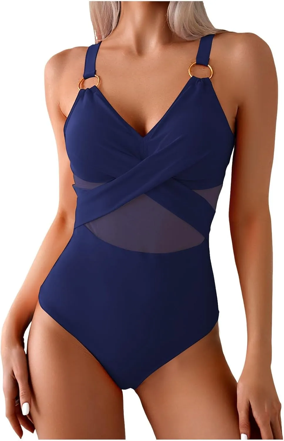 Masbird Womens One Piece Swimsuit Metal Modest Tummy Control Bathing Suit Slimming Full Coverage Mesh Swim Suits for Women