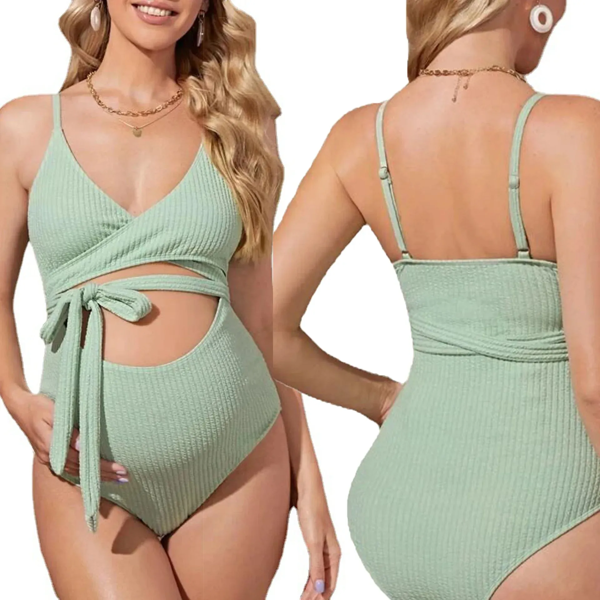 Maternity Bikini Wear For Pregnant Green Hollow Pastel One Piece Bow Tie Swimwear