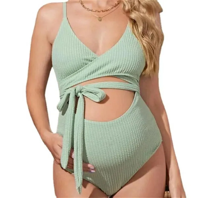 Maternity Bikini Wear For Pregnant Green Hollow Pastel One Piece Bow Tie Swimwear