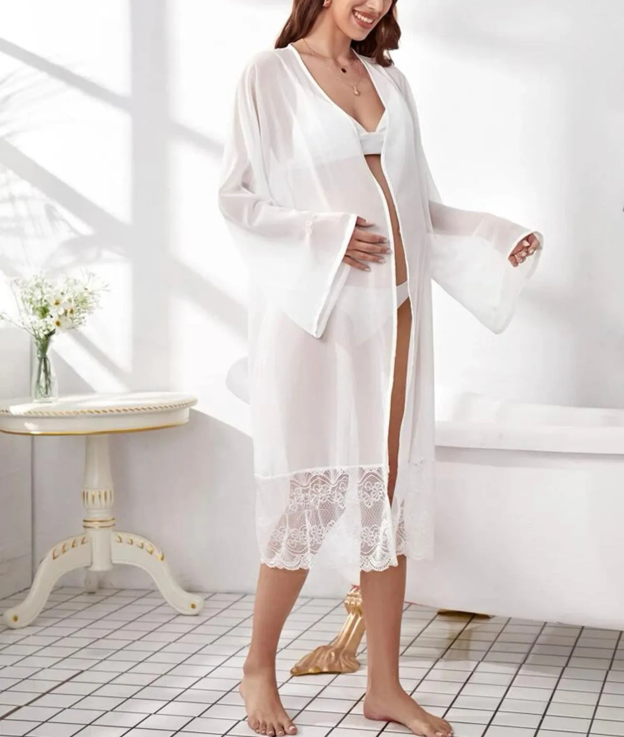 Maternity Contrast Lace Tie Front Kimono