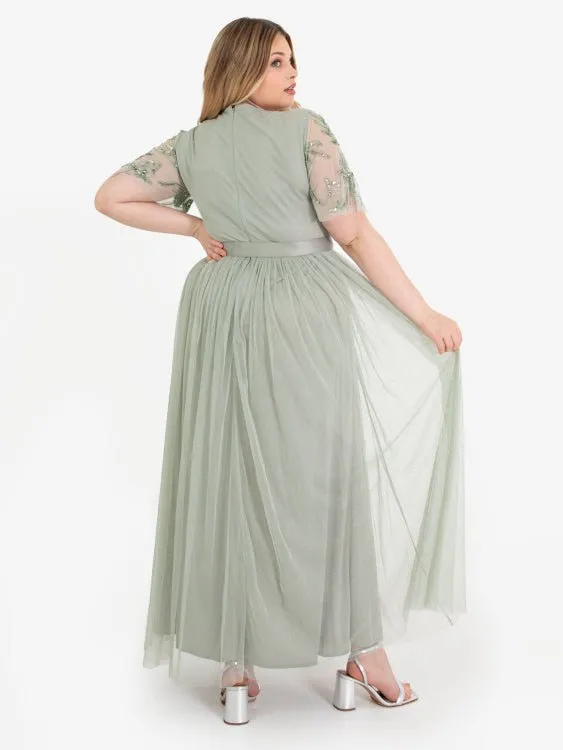 Maya Plus Size Sage Green Floral Embellished Maxi Dress with Sash Belt